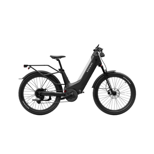 The Segway - Xafari by Segway features a powerful motor, step-through frame, fenders, rear cargo rack, suspension fork, and wide all-terrain tires—all displayed on a plain white background.