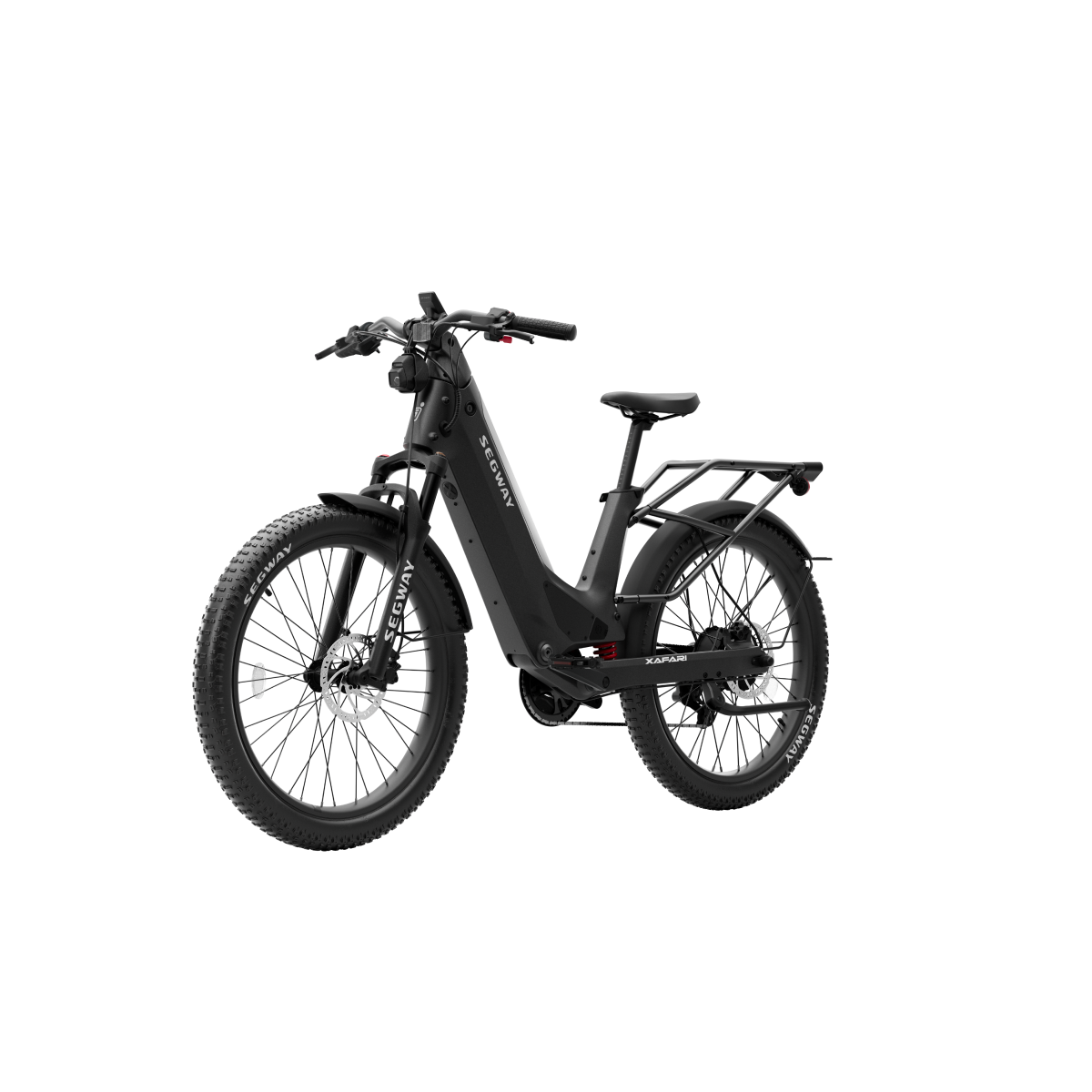 The Segway Xafari features a black step-through frame, wide tires, front suspension, and a rear cargo rack. Its powerful motor extends range on every ride, all elegantly displayed on a transparent background.