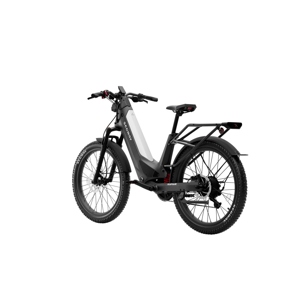 The Segway Xafari electric bike in black with a white panel offers wide tires, a rear rack, a strong motor, and front suspension for smooth rides. Displayed from the rear on a white background, it guarantees an extended range for your adventures.