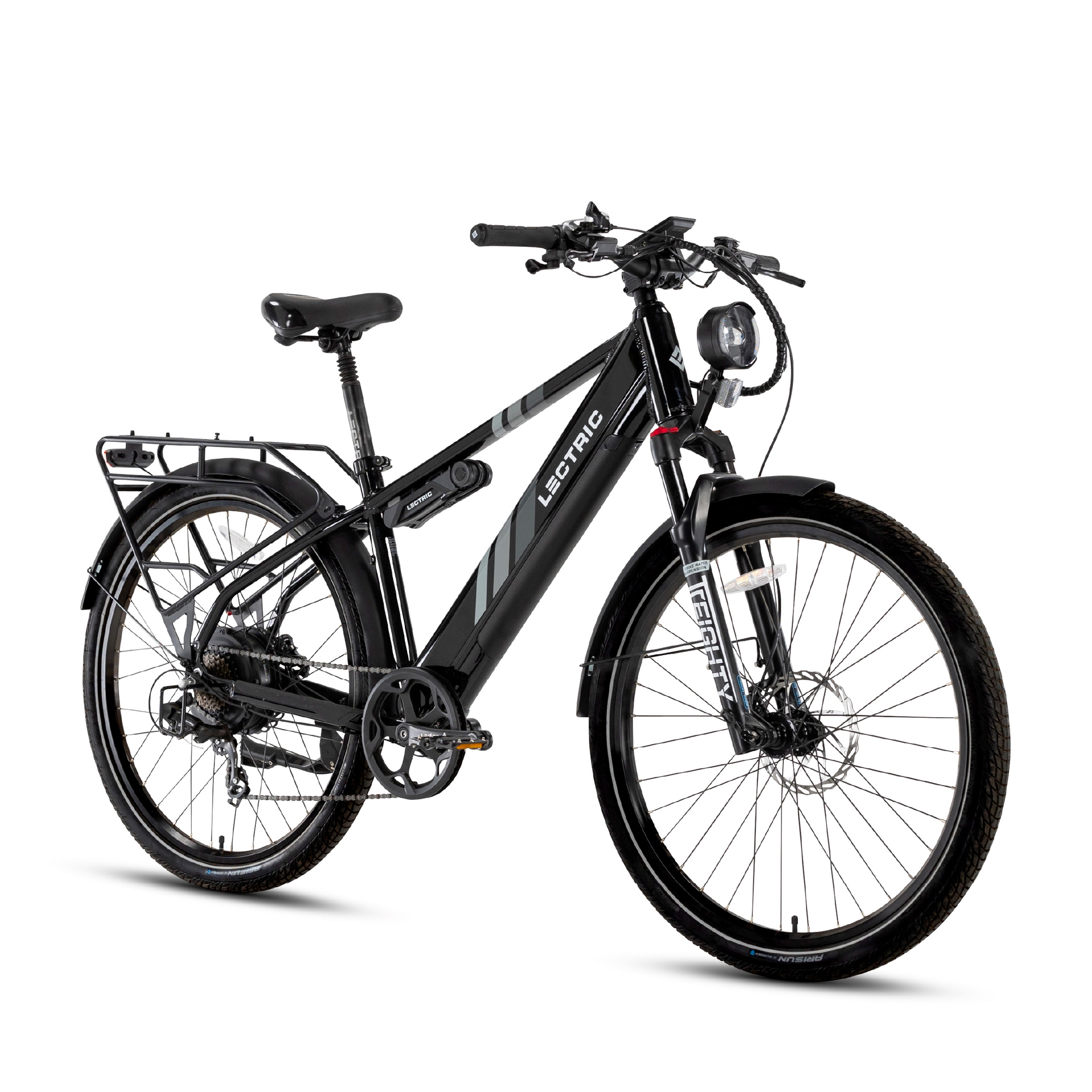 The Lectric XPress eBike, in a sleek black design, features a 750W motor, rear rack, disc brakes, and front suspension. Perfect for stylish rides around Tampa Bay, it's photographed from the side against a white backdrop.