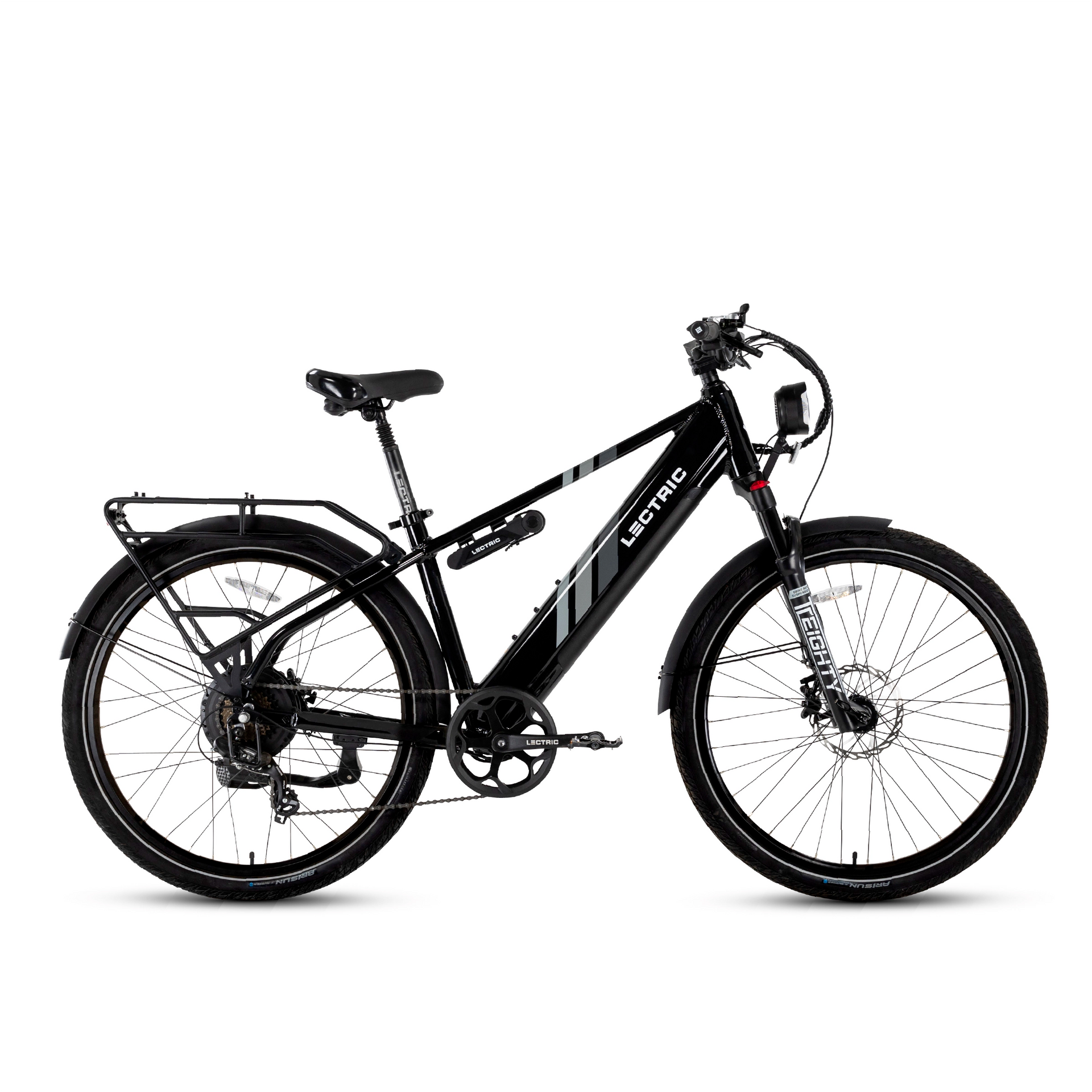 Introducing the Lectric XPress eBike from Lectric, a sleek black electric mountain bike with a 750W motor, front suspension, disc brakes, and rear rack. Ideal for Tampa Bay trails, its side view on a white background showcases its modern design.