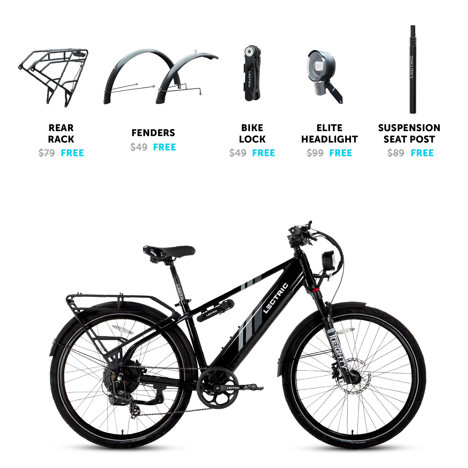 The Lectric - XPress eBike features a 750W motor and includes accessories like a rear rack, fenders, bike lock, elite headlight, and suspension seat post. Ride around Tampa Bay stylishly with multiple pricing options available—some even free.