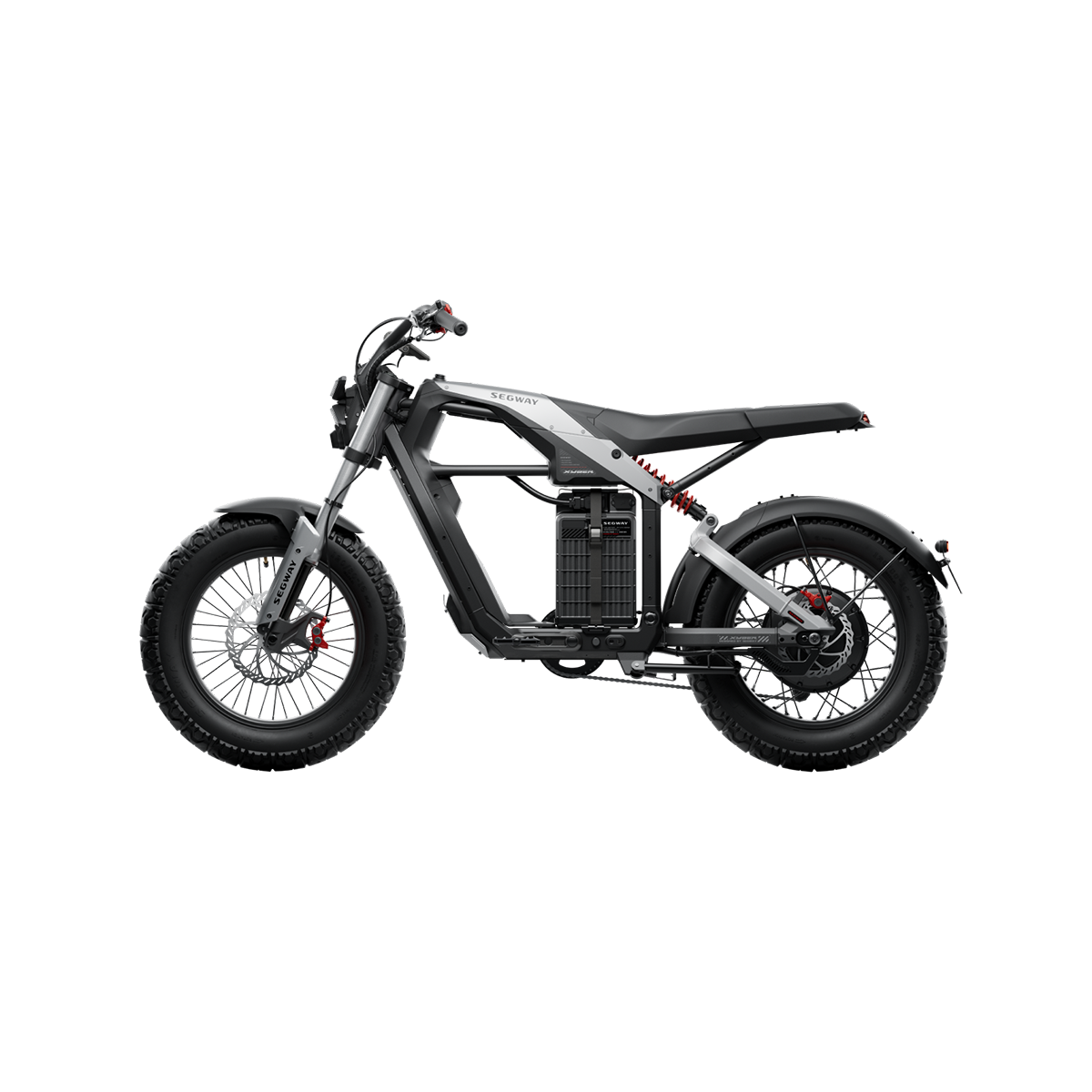 The stylish Segway Xyber Electric Bike, showcasing its black and silver design, exposed framework, and rugged tires, is perfect for thrilling Tampa Bay adventures.