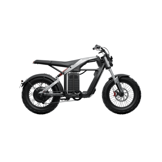 Side view of the Segway - Xyber, a sleek black and gray eBike ideal for Tampa Bay adventures. It features wide tires, a minimalist frame, and visible battery components to satisfy high-performance eBike enthusiasts on a white background.