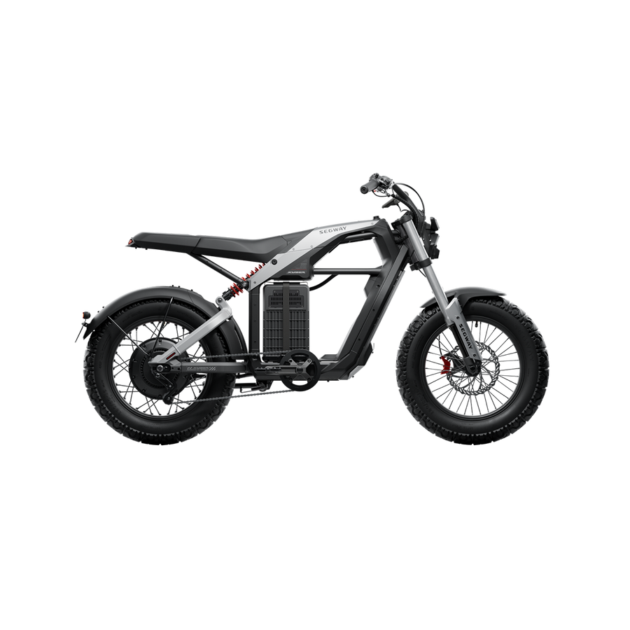 Side view of the Segway Xyber by Segway, featuring a minimalist frame, black tires, and exposed battery pack on a plain white background—ideal for off-road electric biking near Tampa Bay.