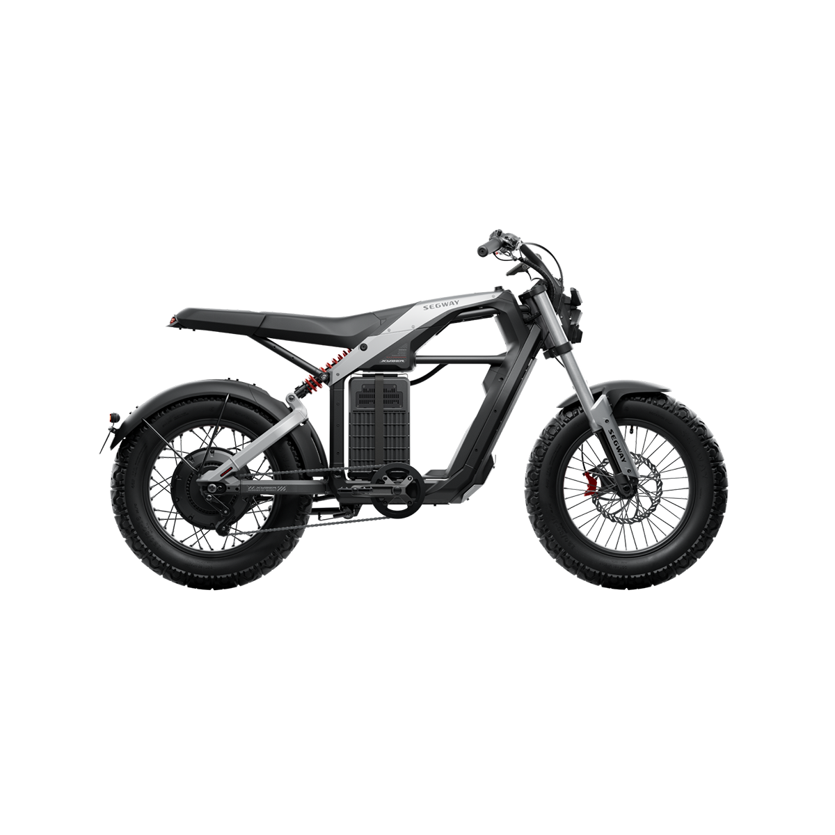 Side view of the Segway - Xyber, a sleek black and gray eBike ideal for Tampa Bay adventures. It features wide tires, a minimalist frame, and visible battery components to satisfy high-performance eBike enthusiasts on a white background.