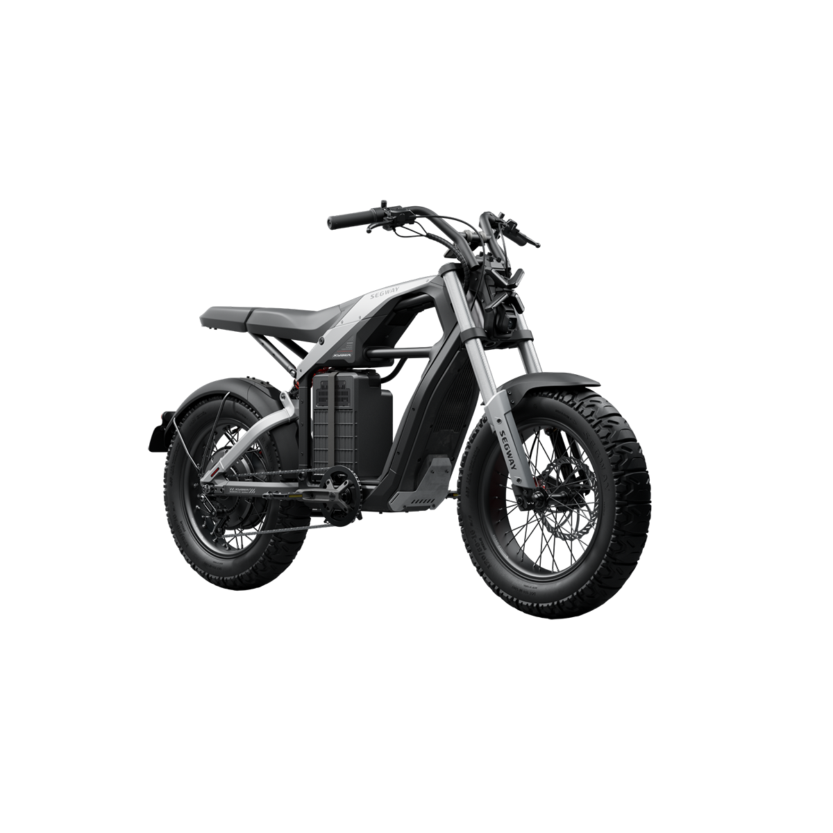 The Segway - Xyber eBike features wide tires and an exposed frame, boasting a minimalist design in black and silver. Ideal for cruising Tampa Bay trails, this high-performance bike offers a sleek aesthetic against the striking black backdrop.