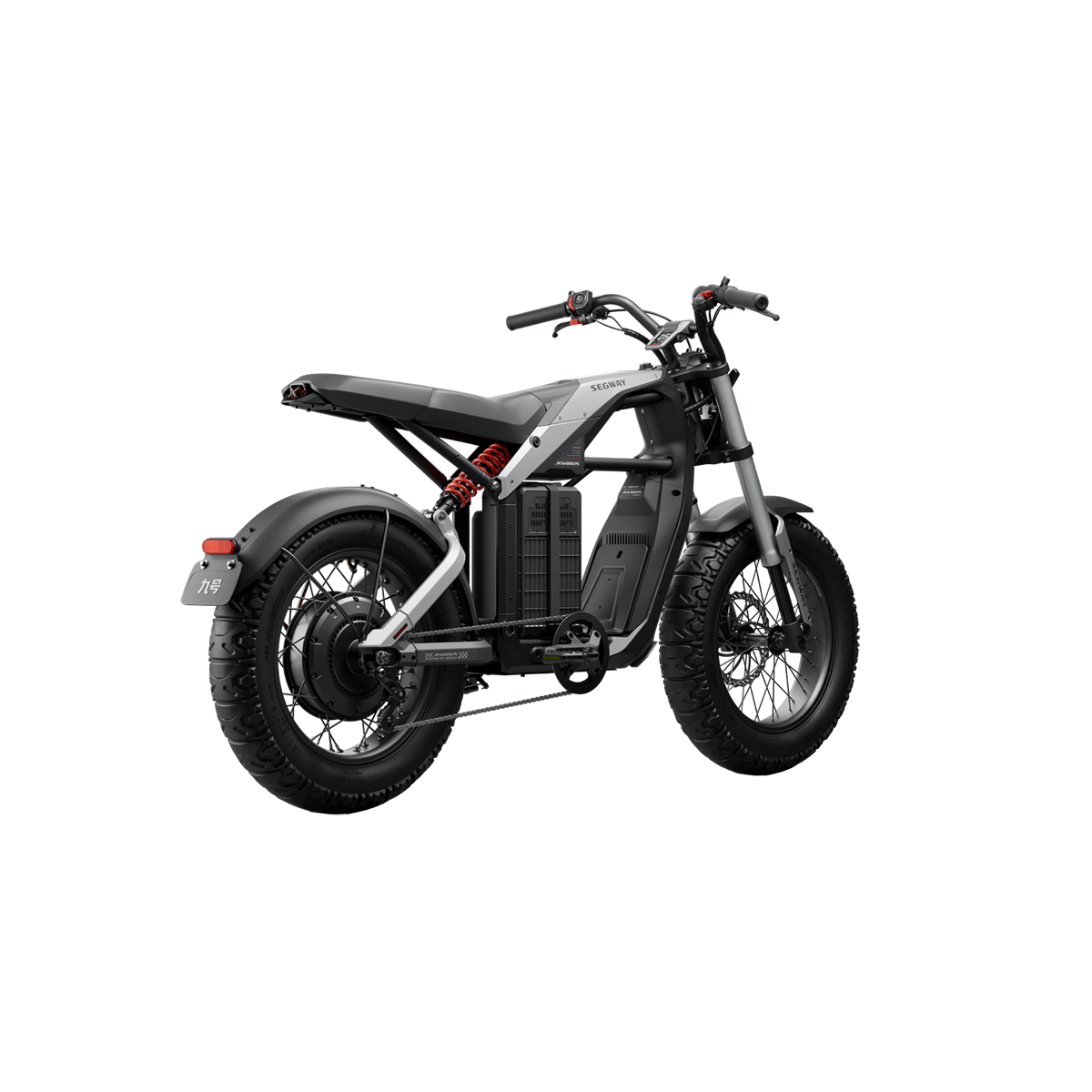 The Segway Xyber, featuring a sleek and modern design with large tires and visible shock absorbers, is perfect for Tampa Bay adventures. Photographed from the rear left against a black background, this high-performance electric bike is ideal for thrill-seekers.