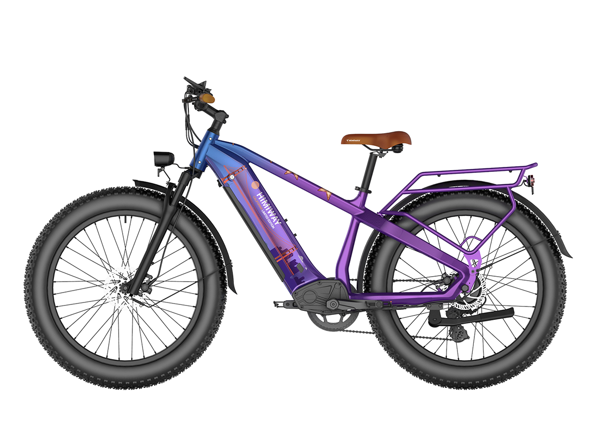 A purple Himiway - Zebra - California Limited Edition electric bike with 26-inch Kenda fat tire is shown against a white background.