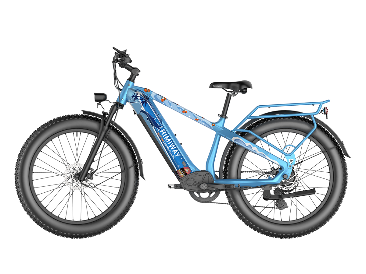 The Himiway - Zebra - Florida Limited Edition, a blue electric bike with a powerful motor and fat tire, is showcased against a white background. (Brand Name: Himiway)