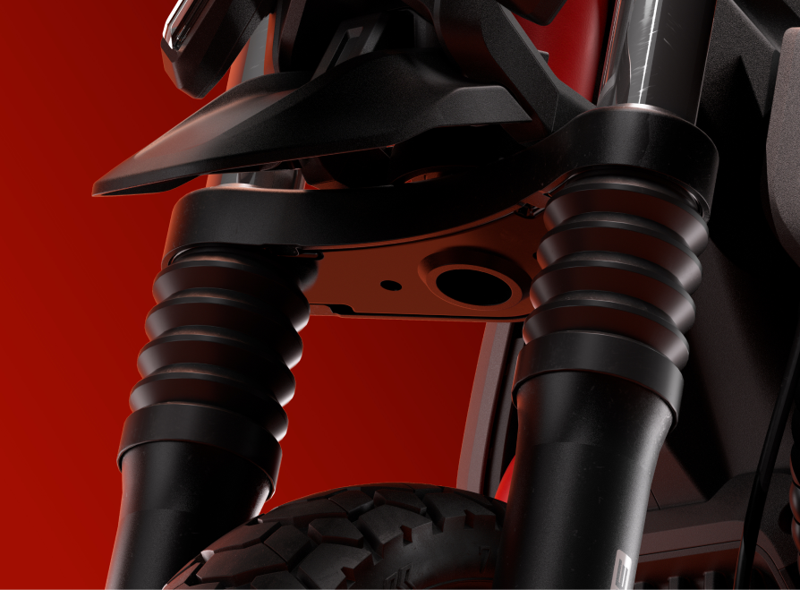 Close-up of a Segway ZT3 Pro motorcycle's black front fork with advanced suspension and tire on a striking red background.