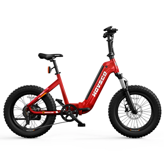 An electric bike with fat tires on a white background by Hovsco - Beta - Red.