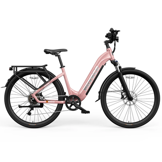 A Hovsco - Ranger Step Through - Rose Gold electric bike with a Shimano 7-Speed Shifter.