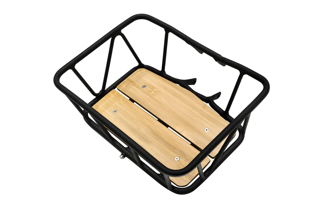 A black Himiway Zebra Front Rack / Basket with storage space and a wooden seat.