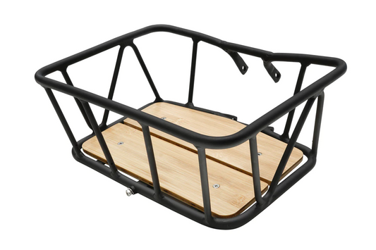 A black Himiway Front Rack with a wooden tray offers ample storage space.