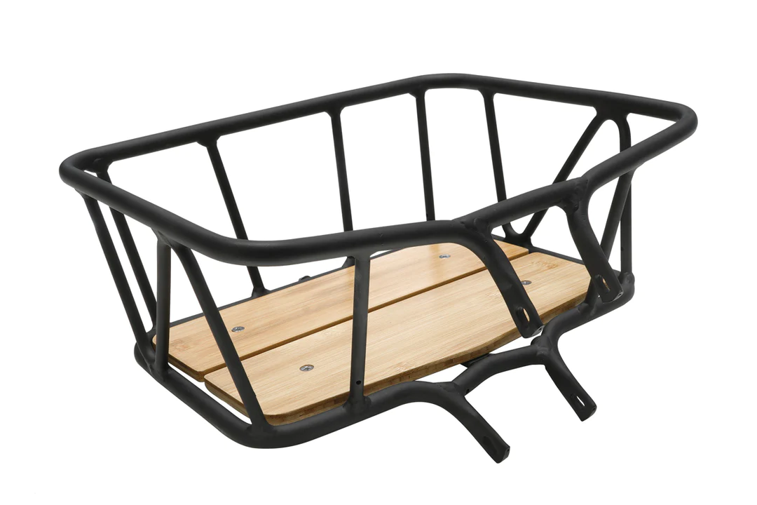 A black Himiway Zebra front rack with a wooden board for storage space.