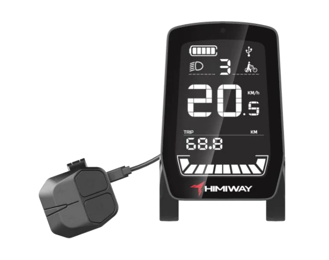 The Himiway Upgrade Smart eBike LCD Display from Tampa Bay eBikes shows a speed of 20.6 km/h, trip distance, and other riding data, with an attached control module for the perfect riding experience.