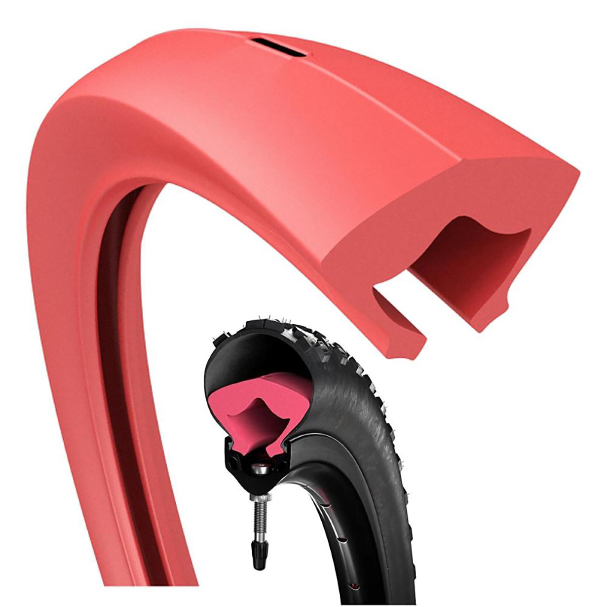 An image showcasing the comfort and puncture protection of a bicycle tire with the Tannus Armour Tire Liner, featuring a vibrant pink color.