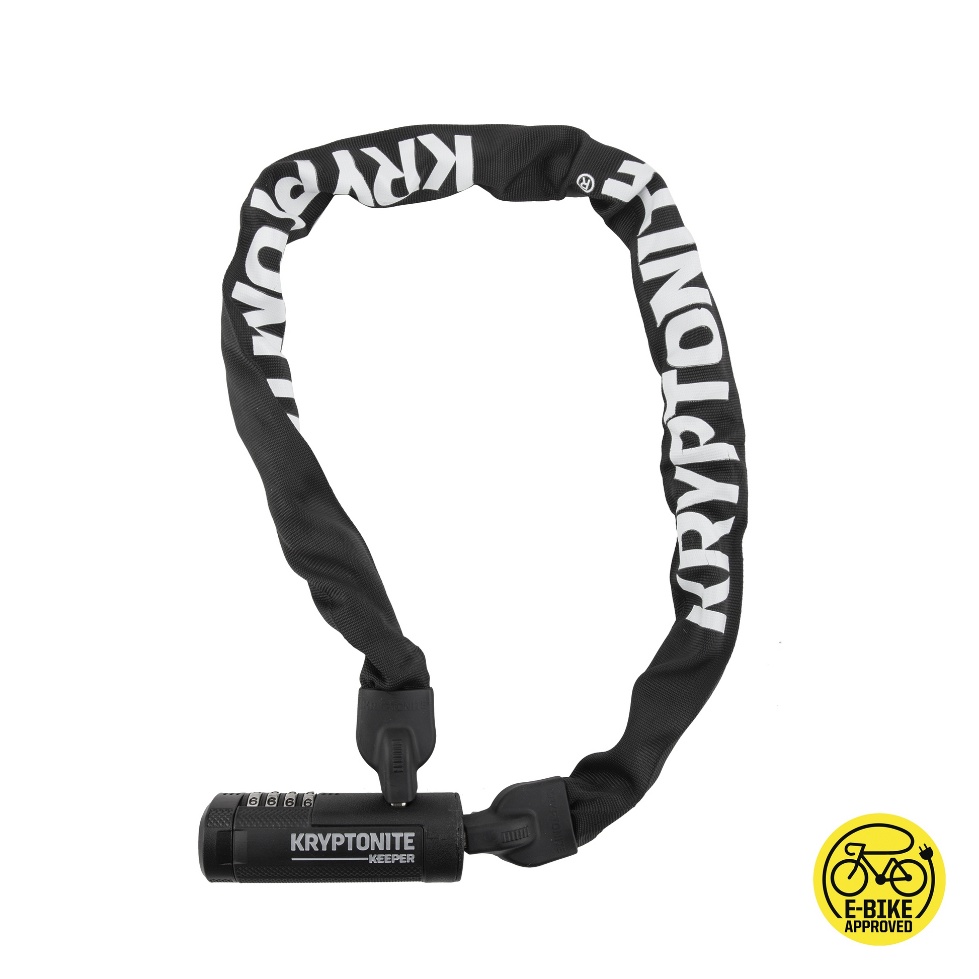 A Kryptonite Keeper 790 1 with a black cover and bold white logo. The coiled lock features a resettable combination, ensuring customizable security. Its manganese steel chain ensures robustness, and there's an "E-bike approved" logo at the bottom right corner.