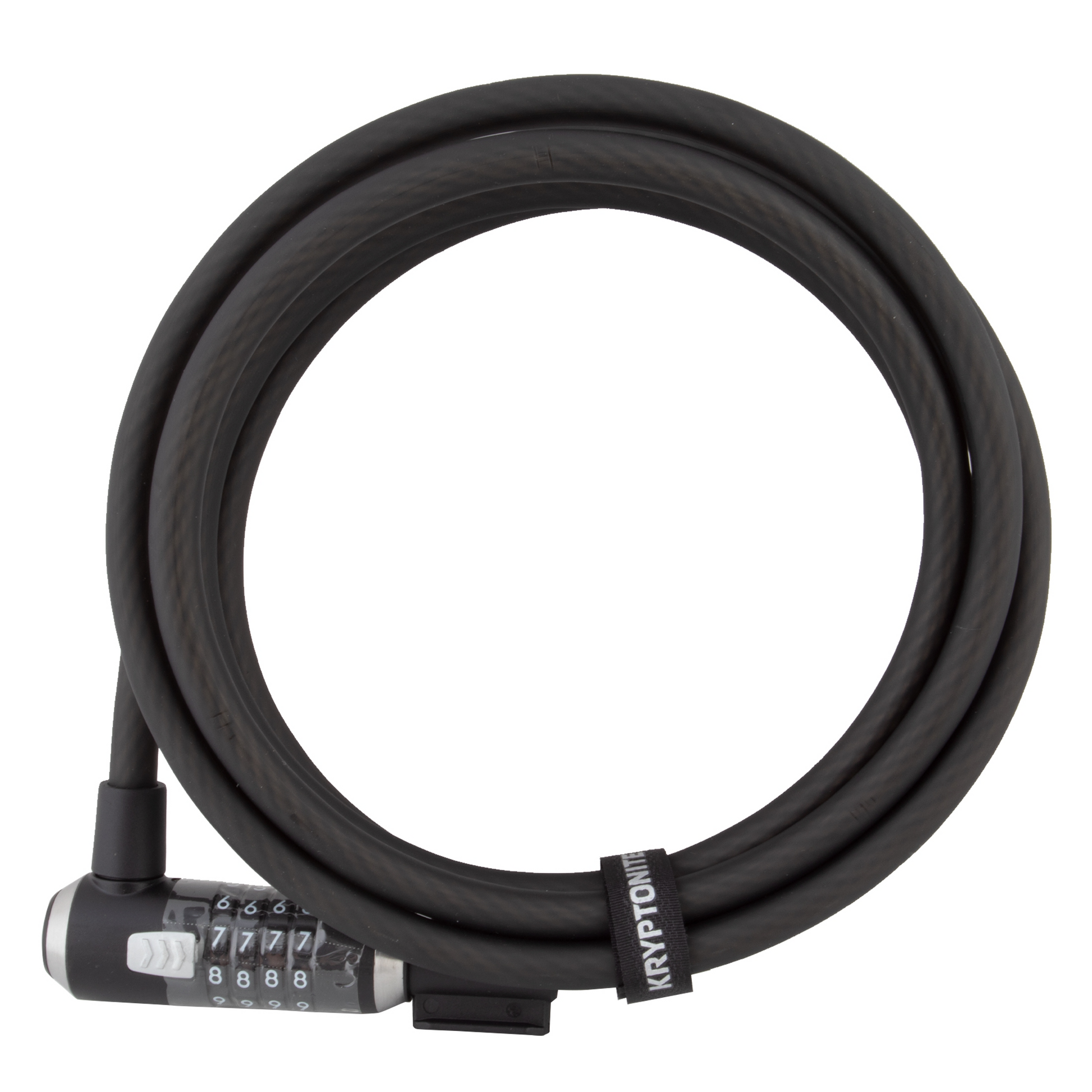 An extra long black Kryptonite KryptoFlex 1230 - Combo Cable with a lock attached to it.