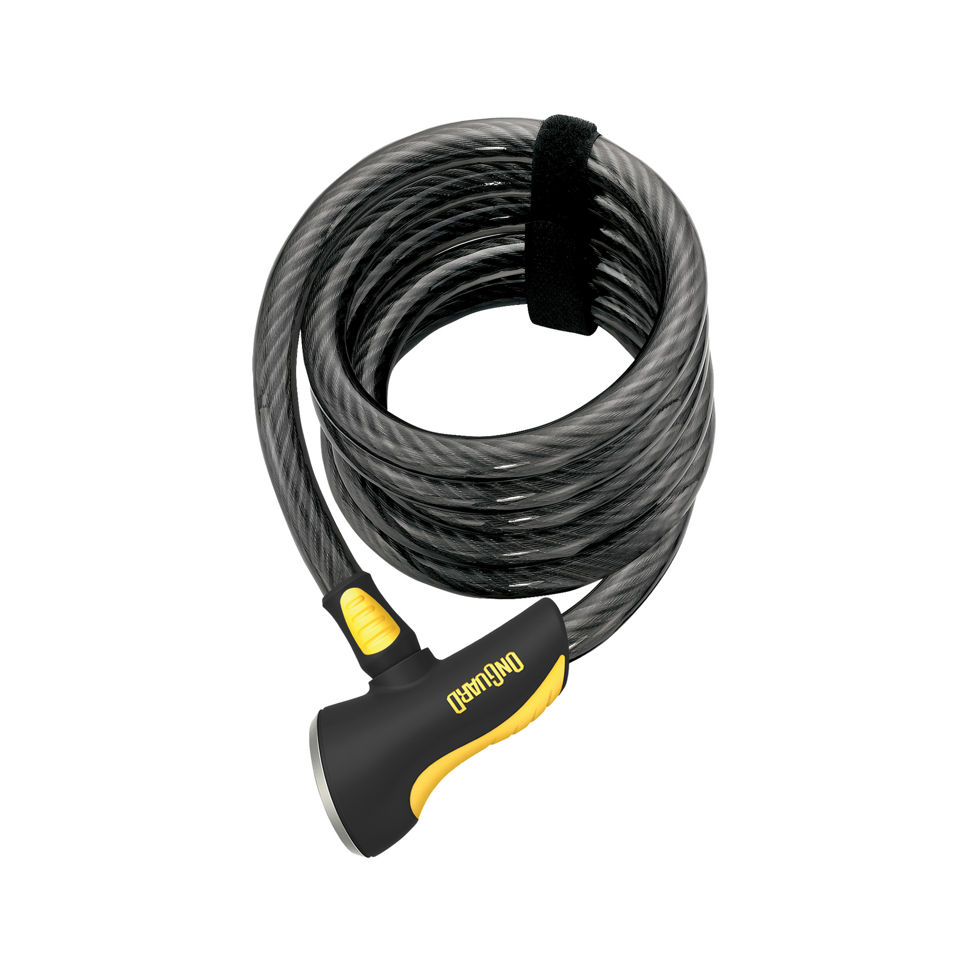 A heavy duty ONGUARD Doberman 8028 keyed cable with a strong yellow handle.