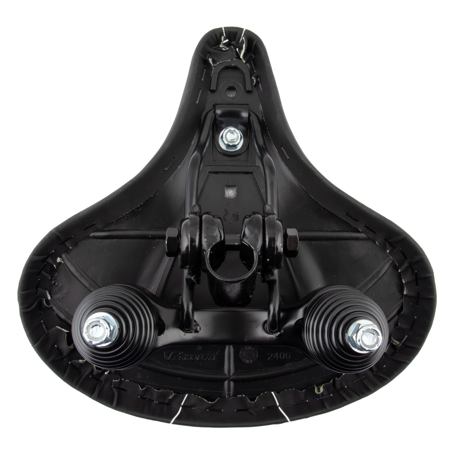 A CLOUD-9 Cruiser Anatomic black bicycle seat with a black handlebar.