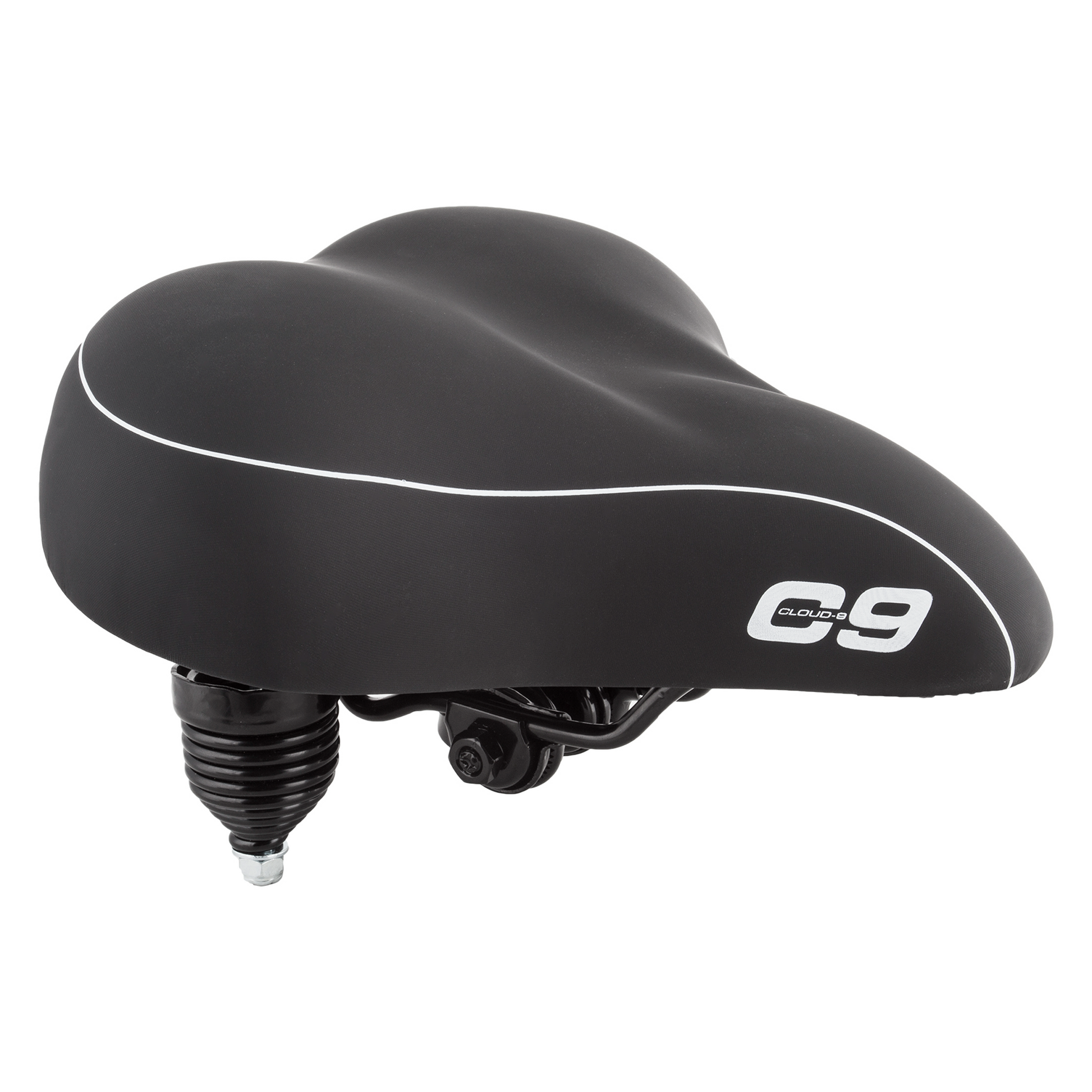 A black CLOUD-9 Cruiser Anatomic bicycle seat with the word g9 on it.