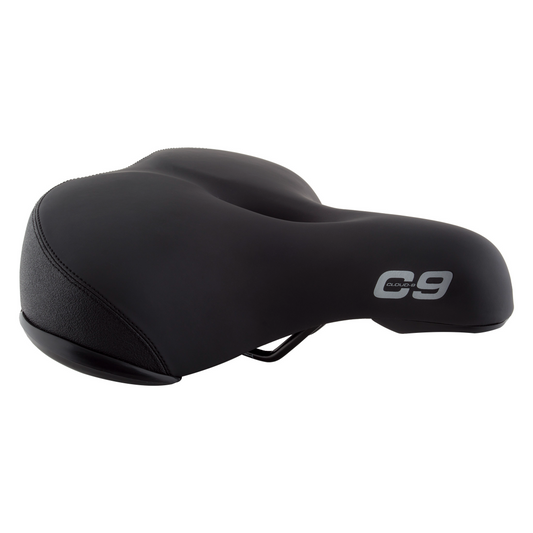 A black CLOUD-9 Support XL Air Flow bicycle seat with the word c9 on it.