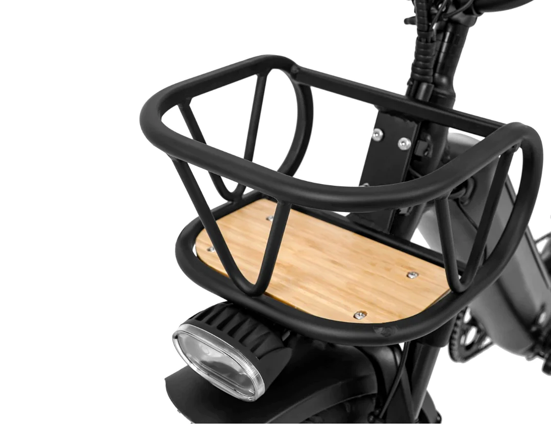 The Himiway Escape Pro is an electric scooter that comes in a sleek black design. This stylish scooter features a convenient Himiway front rack made from bamboo, perfect for carrying belongings during your ride.