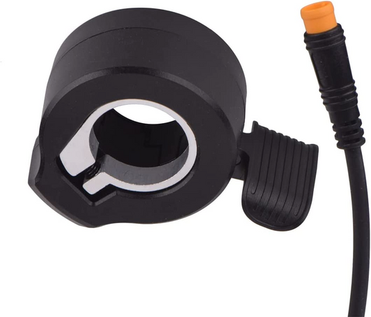 Close-up of the Tampa Bay eBikes Throttle - Thumb - 130X for an electric scooter or bicycle, featuring a black ring design with a groove for cable attachment, an orange-tipped connector, and made from high-quality plastic. The universal fit ensures compatibility with various models.