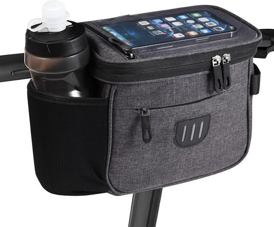 A Tampa Bay eBikes Front Handlebar Bag with large capacity designed to hold a cell phone and a bottle. The bag is equipped with a reflective strip for enhanced visibility during cycling.