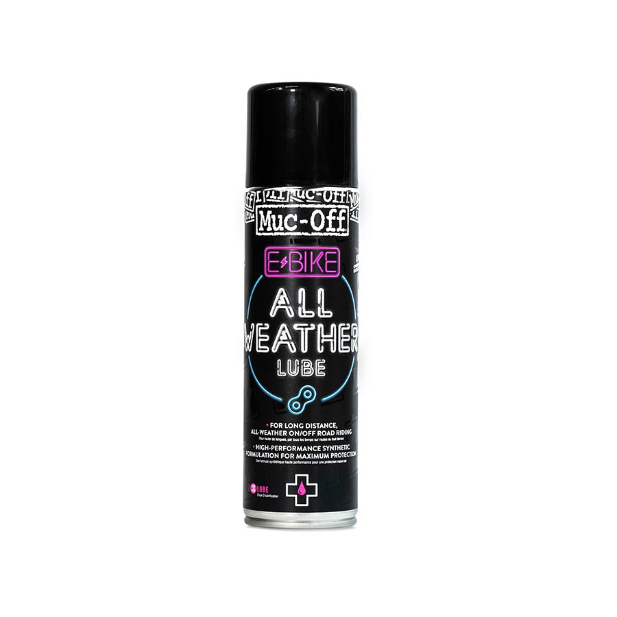 A black spray bottle with the brand name Muc-Off and the words eBike All Weather Lube on it.