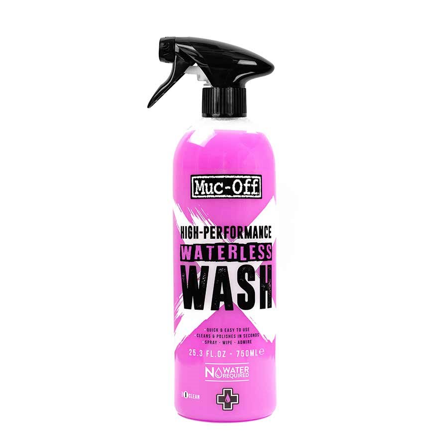 A pink Muc-Off spray bottle, featuring a sprayer mechanism, on a white background, designed for Muc-Off - High Performance Waterless Wash and providing streak-free shine.