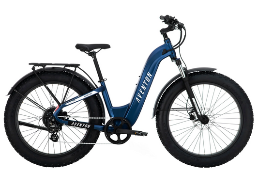 An Aventon - Aventure.2 Step Through - Cobalt - L electric bike with fat tires is shown against a white background.