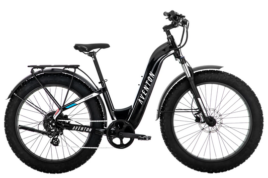 An Aventon - Aventure.2 Step Through - L - Midnight Black electric bike is shown against a white background.
