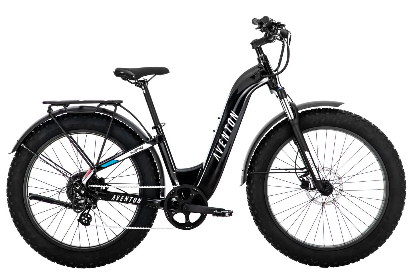 An Aventon - Aventure.2 Step Through - R- Midnight Black electric bike with fat tires is shown against a white background.