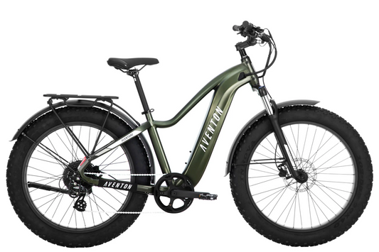 A green and black Aventon - Aventure.2 - Camouflage - L fat bike on a white background.