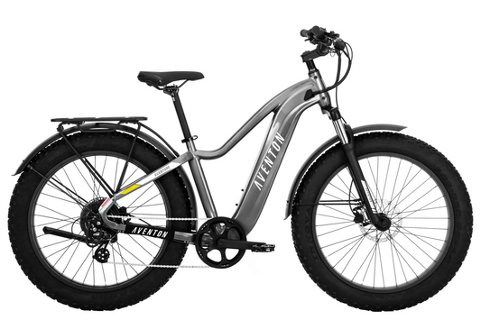 The Aventon Aventure.2, an electric bike with a torque sensor for pedal assist, is showcased against a white background.