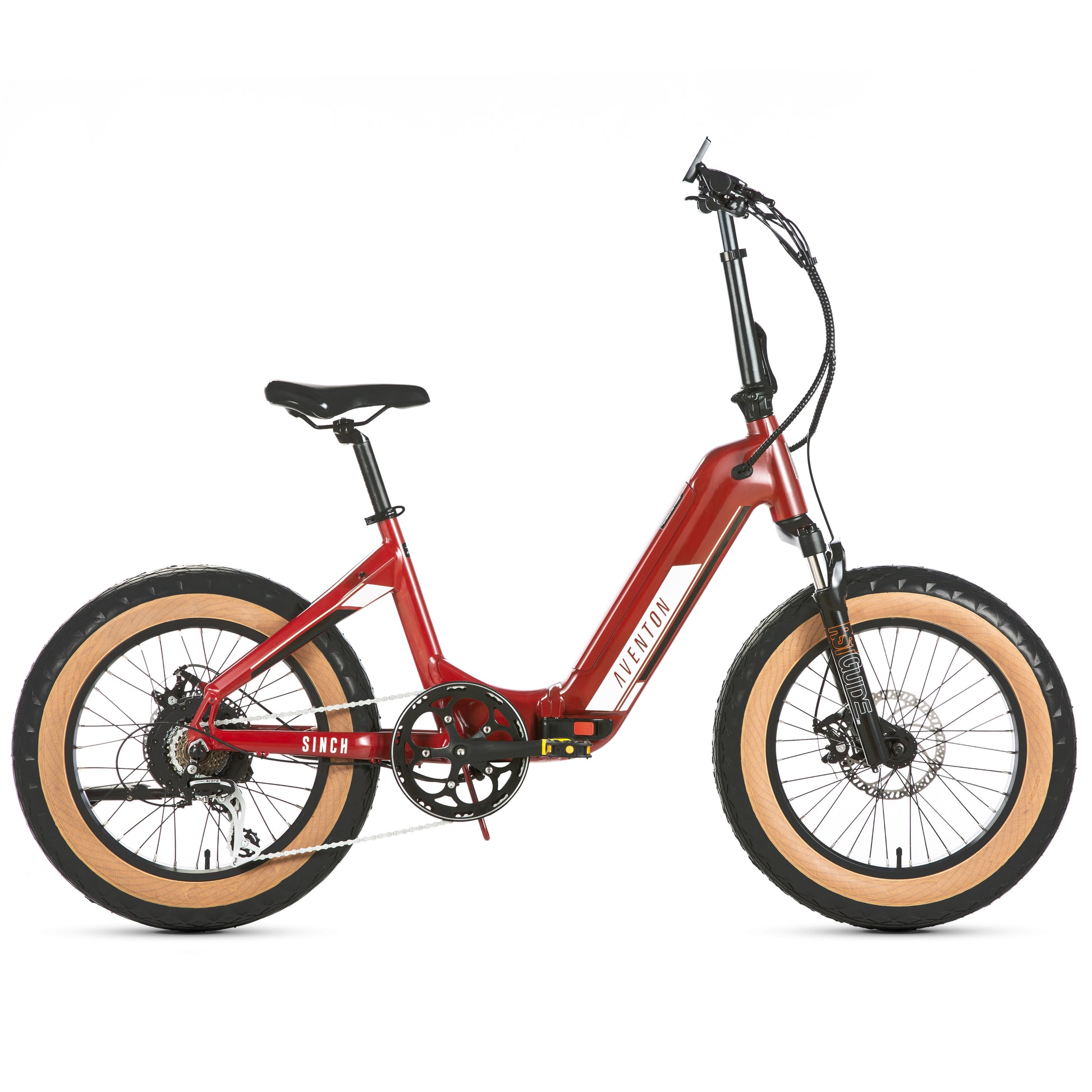 A foldable Aventon Sinch electric bike in Bonfire Red against a white background.