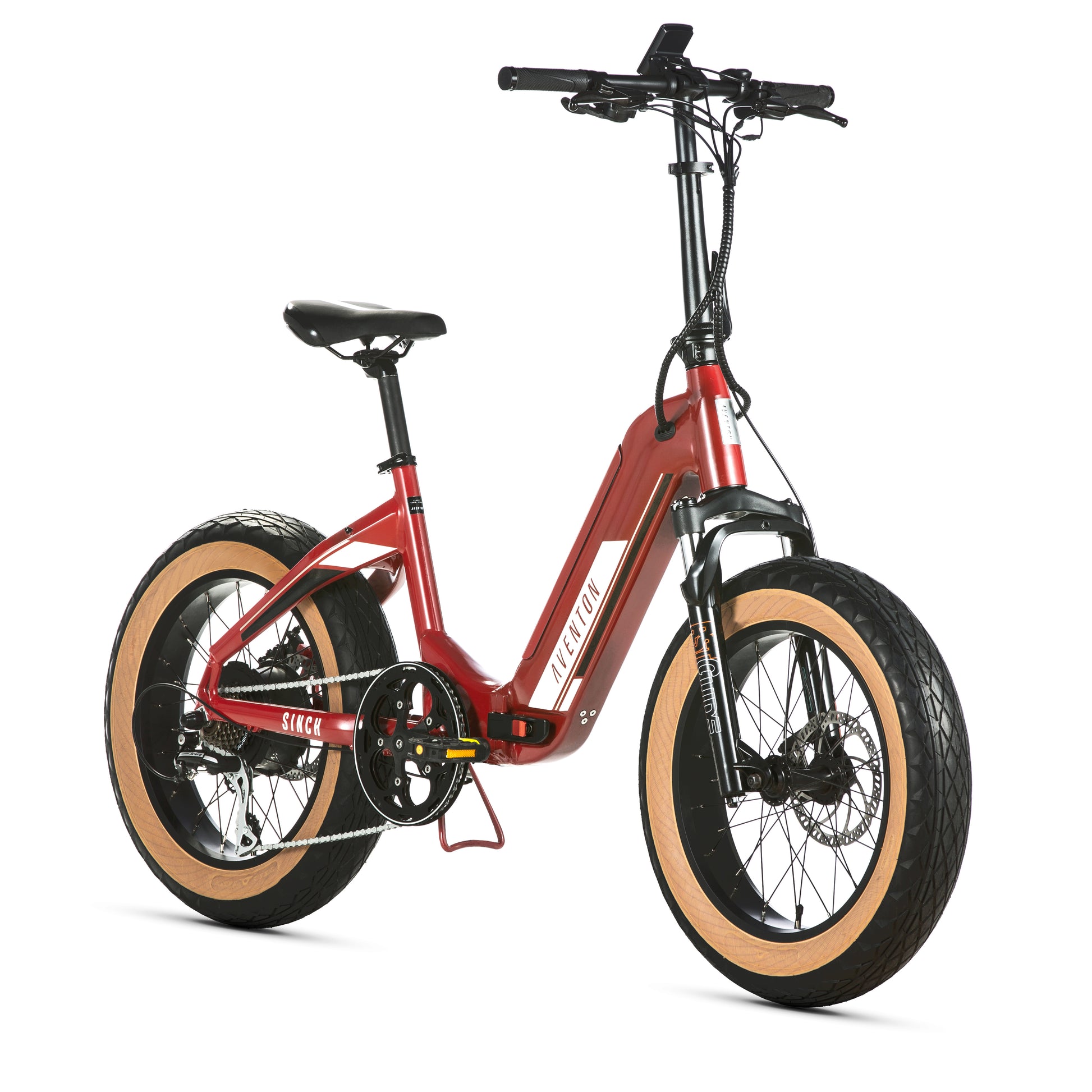 This Aventon Bonfire Red electric bike has tan tires and is portable.
