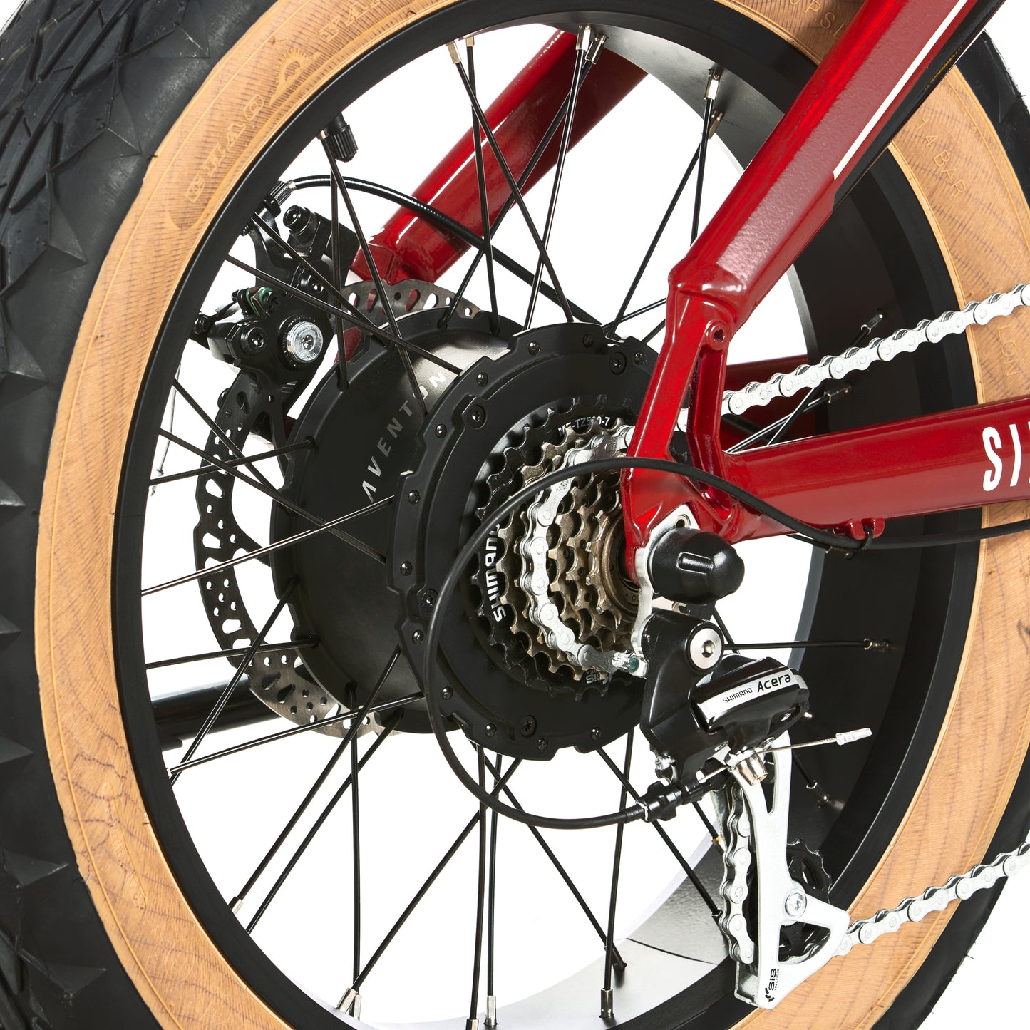 A close up of an Aventon Sinch electric bike in Bonfire Red with a chain.