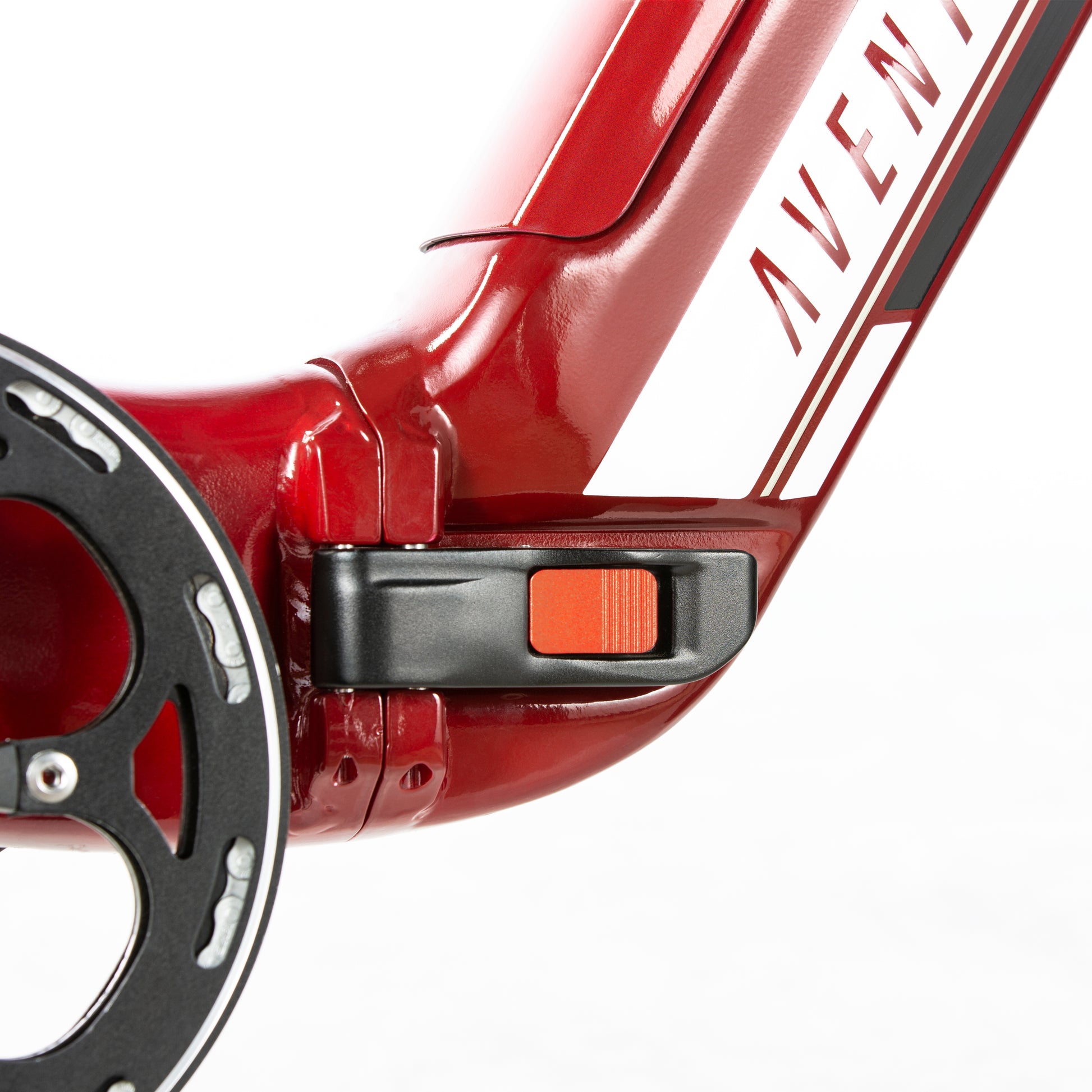 A close up of a red Aventon Sinch electric bike with a black handlebar.
