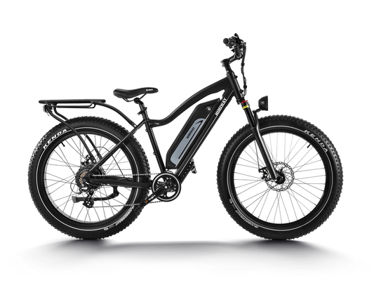 The Himiway Cruiser Black, an electric bike with fat tires, is shown against a white background.