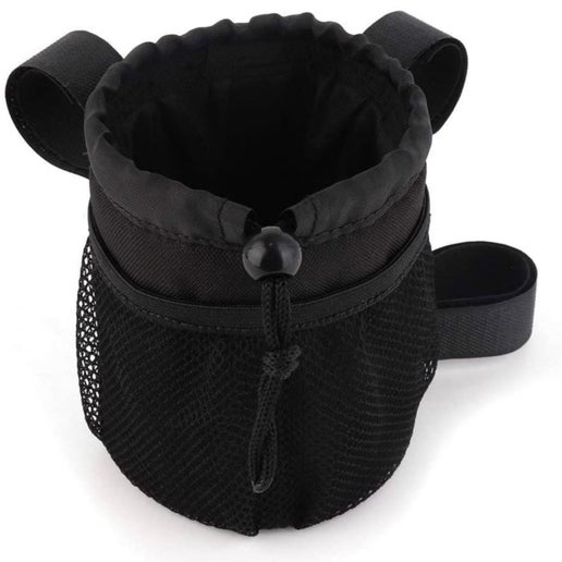 A Tampa Bay eBikes Cup Holder with Pocket black mesh bag with adjustable velcro straps.