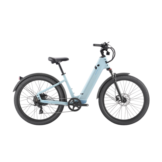 A Velotric - Discover 1 - Step Through - Sky Blue electric bike on a black background.