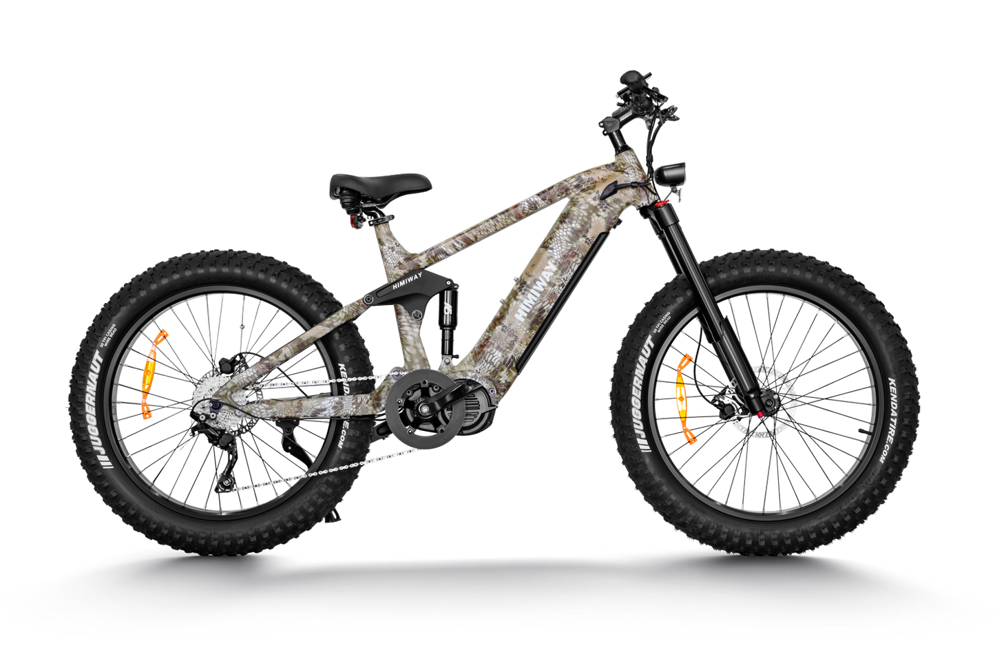 The Himiway Forest Cobra electric bike features a camouflage design, perfect for off-road enthusiasts. Powered by a Bafang mid-drive motor.