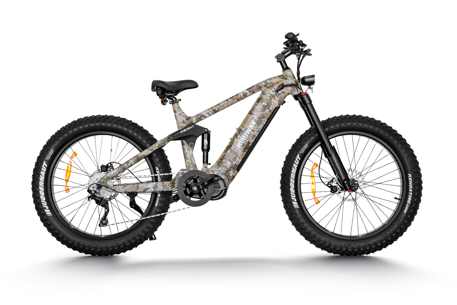 The Himiway Forest Cobra electric bike features a camouflage design, perfect for off-road enthusiasts. Powered by a Bafang mid-drive motor.