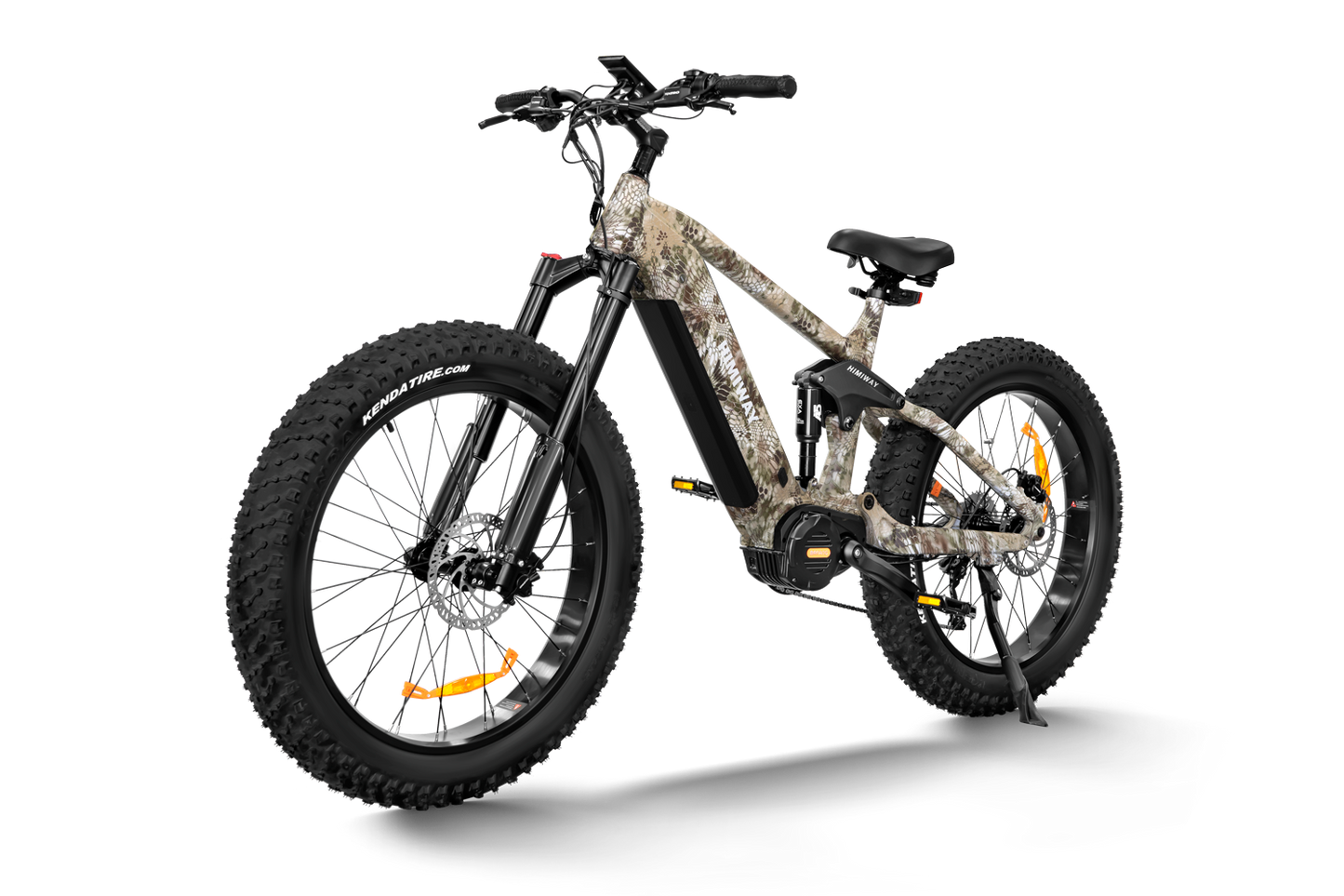 Introducing the Himiway Forest Cobra, an electric bike with a unique camouflage design perfect for off-road enthusiasts. Equipped with a powerful Bafang mid-drive motor.