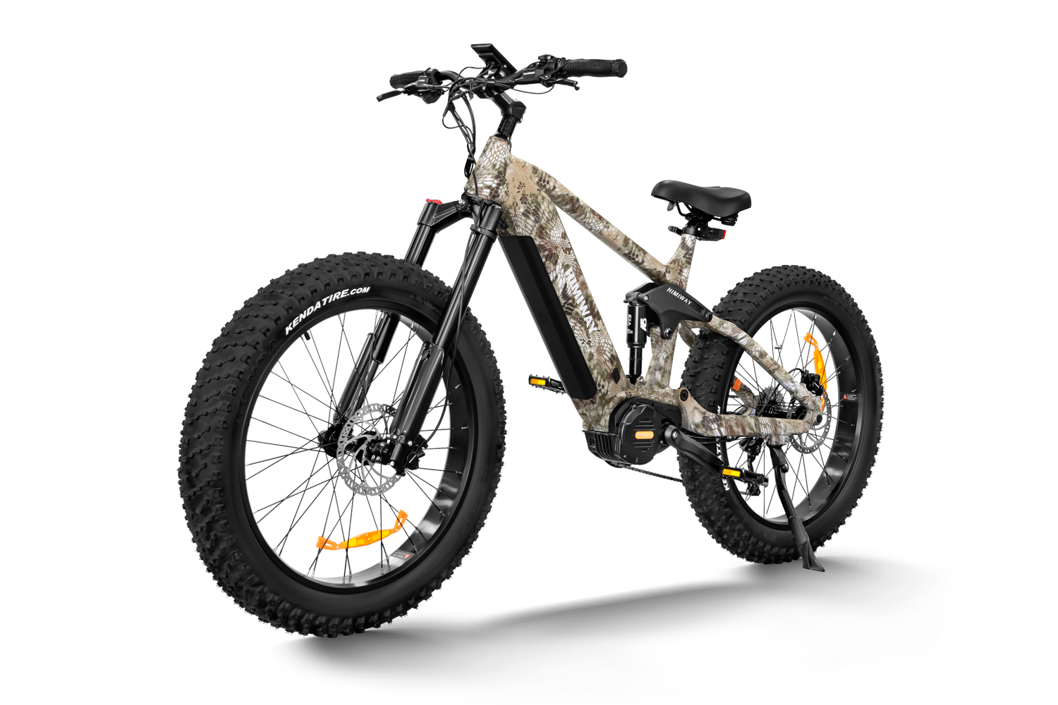 Introducing the Himiway Forest Cobra, an electric bike with a unique camouflage design perfect for off-road enthusiasts. Equipped with a powerful Bafang mid-drive motor.