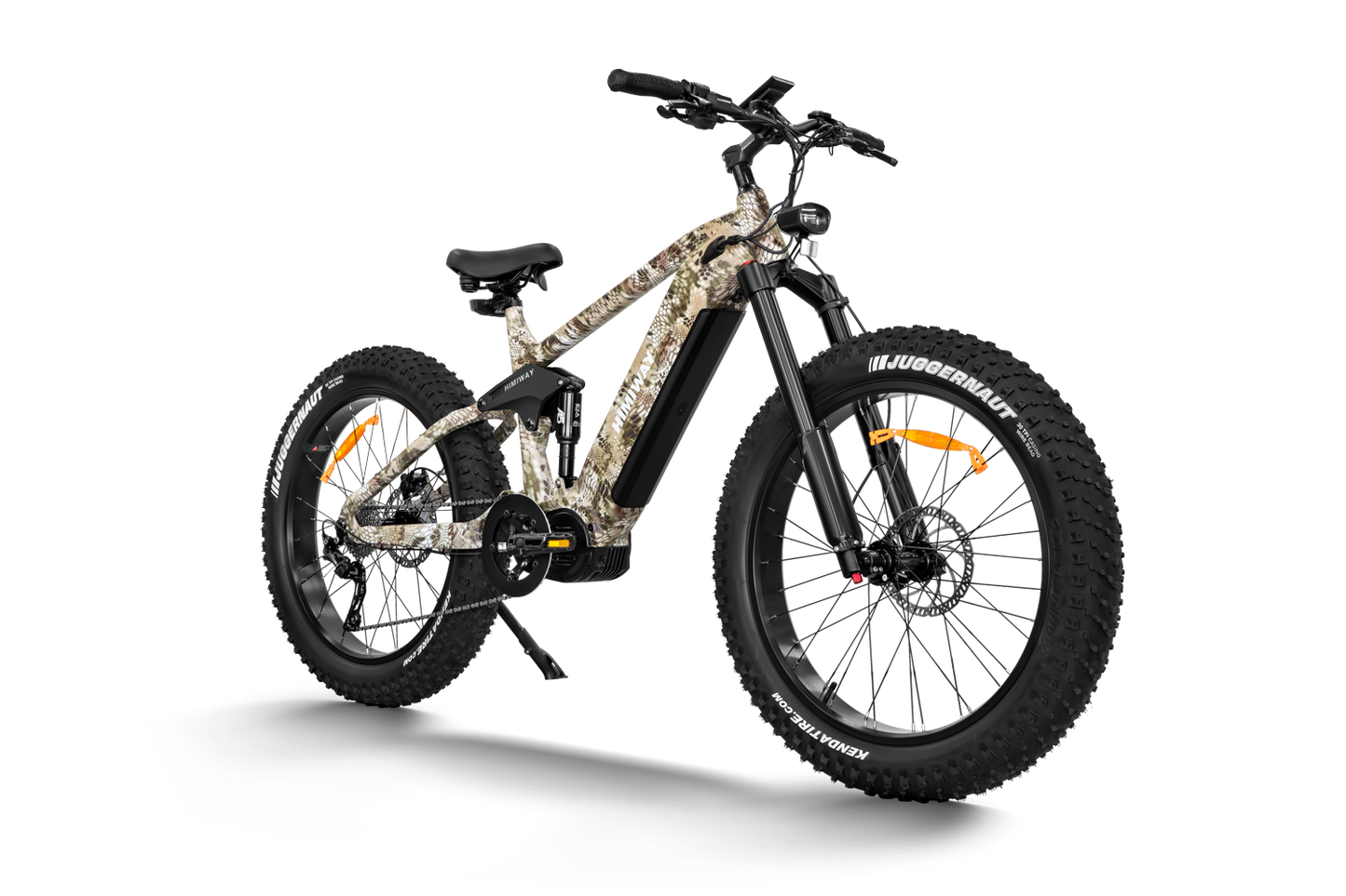 Introducing the Himiway Forest Cobra electric bike with a sleek camouflage design, ideal for off-road enthusiasts. Equipped with a powerful Bafang mid-drive motor for an exhilarating ride through any terrain.